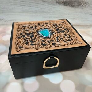 2-Layer Jewelry Box with tooled leather top, Removable Jewelry Tray, Gift Idea
